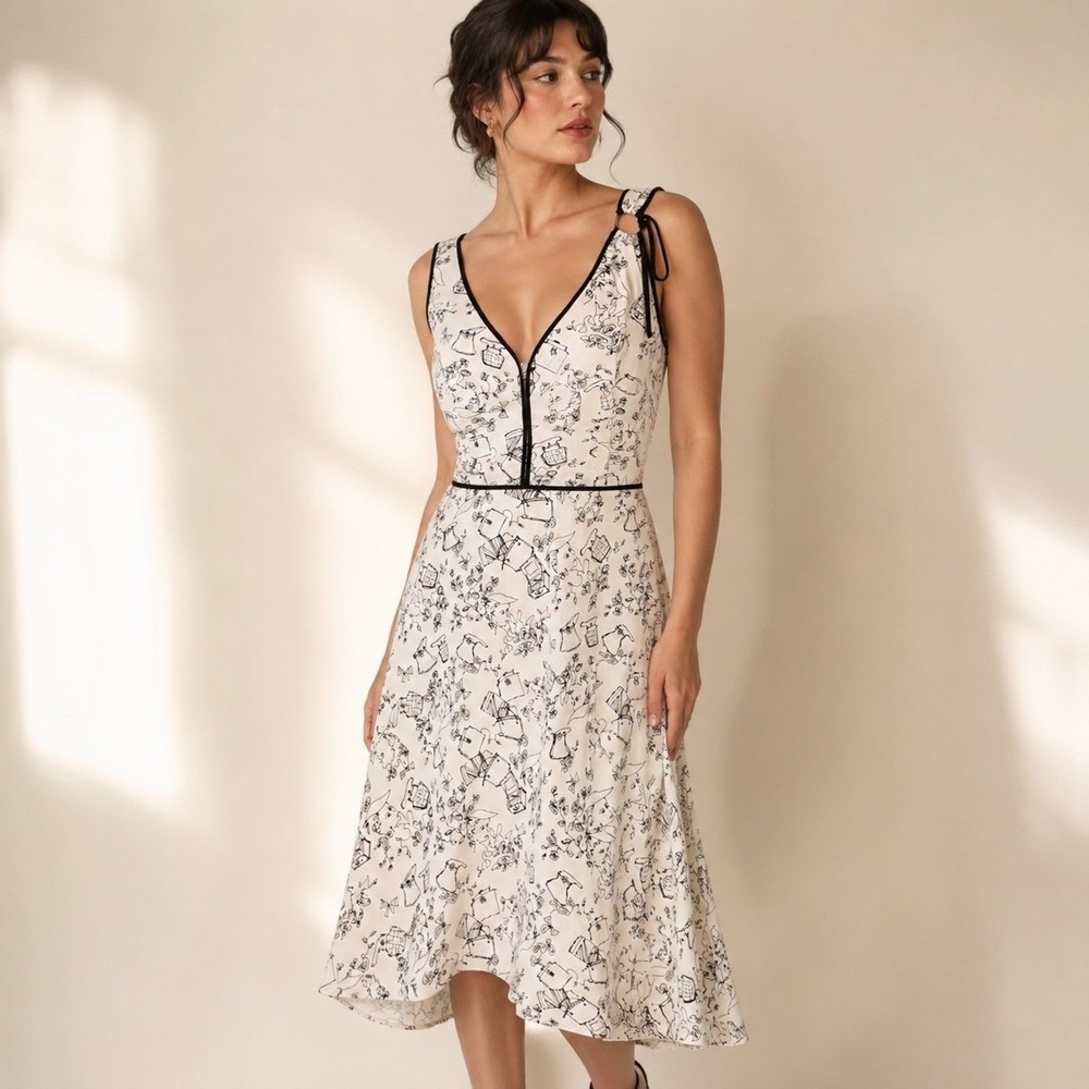 Vtg DKNY Midi Dress A-Line Ivory Black V-neck Retro 50s Whimsical Coquette Y2K 6